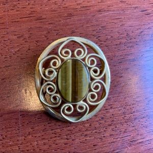 Gold Tone Filigree Tiger Eye Stone Oval Brooch Vintage Brown Shimmery
